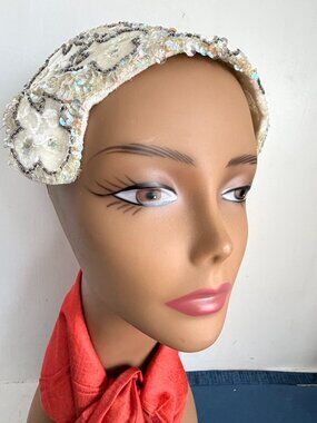 Vintage 50s Half Crown Hat Shimmer Sequins Beaded Bow Design Cocktail Head Piece